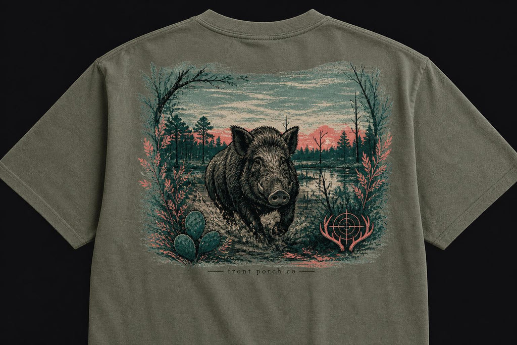 Wild Hog T-Shirt: Forest Scene Graphic Tee, Hunting Apparel