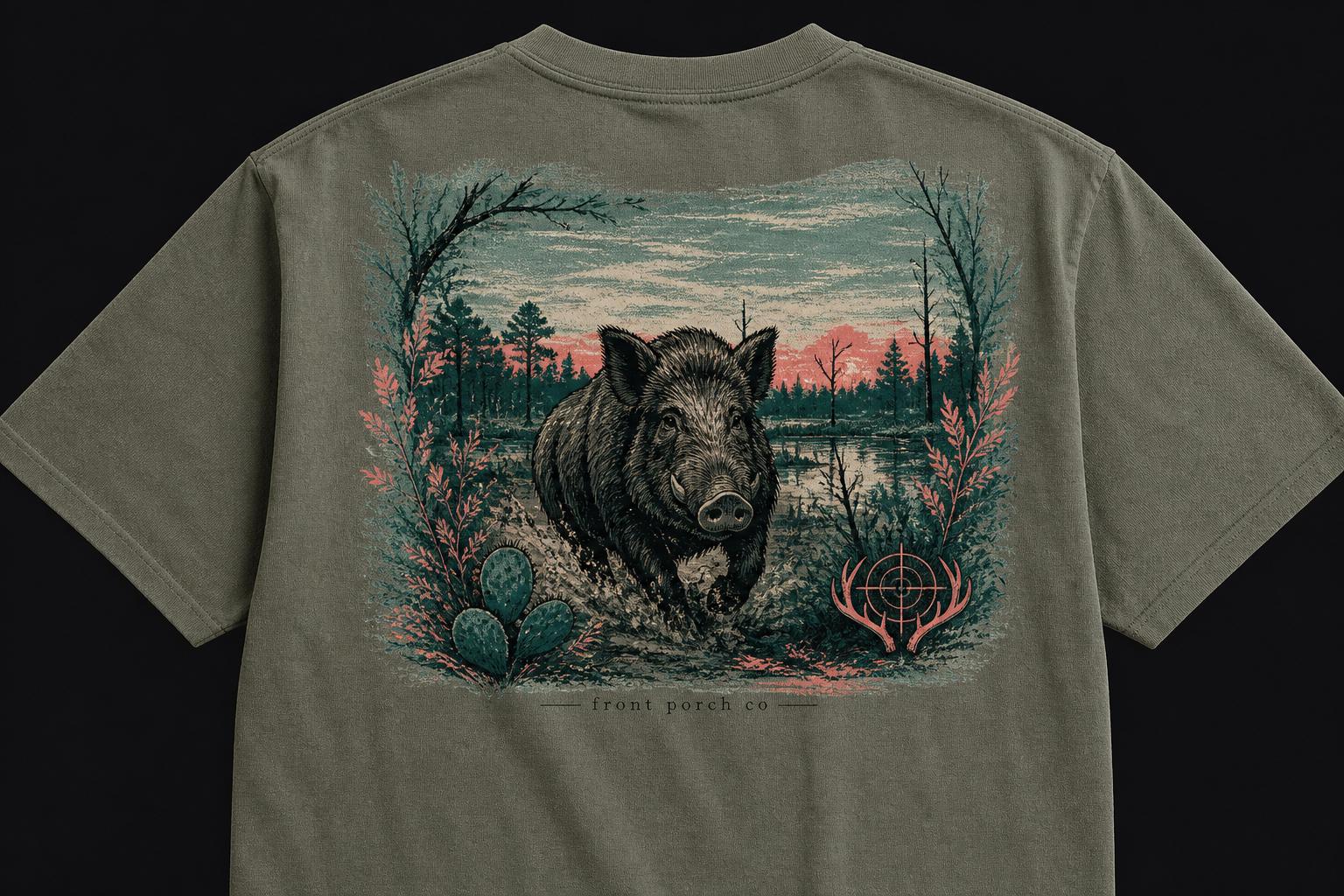 Wild Hog T-Shirt: Forest Scene Graphic Tee, Hunting Apparel
